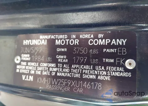 1999 Hyundai Elantra Gl из США, поврежденный, VIN KMHJW25F9XU146178